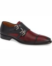  Mens Burgundy Double Monk Strap Leather Lining Shoe- Mens Buckle Dress Shoes