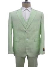  Mens Notch Label Green Colour Summer Seersucker Fabric Vested 3 Piece Suit