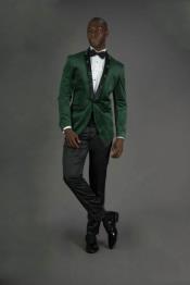  Style#-B6362 Mens Green Velvet Blazer Mens Green Peak Lapel Slim Fit One