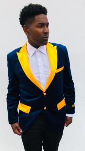  Navy Blue and Goldish Yellowish Lapel Velvet Mens blazer With Matching Bowtie