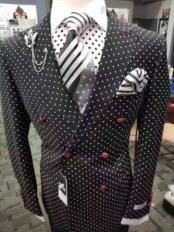  and White Mens Double Breasted Suits Jacket polka dot pattern Blazer Sport Coat