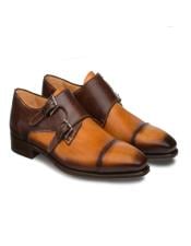  Mens double monk strap shoes BARDEM By Mezlan In Tan/Brown- Mens Buckle Dress Shoes
