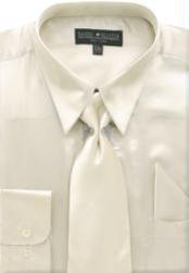 
SKU#FA761 Men's Beige Shiny Silky Satin Dress Shirt/Tie 