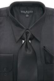 
SKU#MA171 Men's Black Shiny Silky Satin Dress Shirt/Tie  
