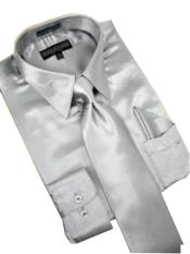 SKU#PW782 Satin Silver Grey Dress Shirt Tie Hanky Set