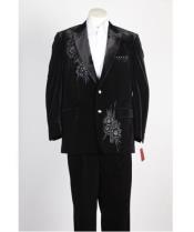  Mens 2 Button Black Velvet Jacket with floral pattern Satin Peak Lapel