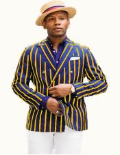  Mens Navy Blue/Gold Pinstripe Six Button Double Breasted Blazer