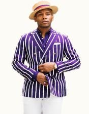  Double Breasted Suits Jacket Blazer With Brass Buttons Purple/White Pinstripe