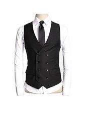  Black Double Breasted Eight Button Skinny Fit Vest