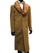  Mens Wool and Overcoat With Fur Collar Full Length 48 Inches Camel