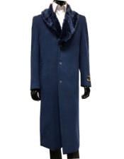  Mens Wool Overcoat With Fur Collar Full Length 48 Inches Blue Color