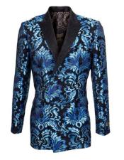 Double Breasted Tuxedo Blue Floral Pattern Microfiber Double Breasted Blazer