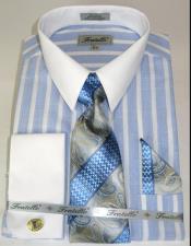 Blue Colorful Pinstripe Pattern - White Collared - French Cuffed Mens Dress