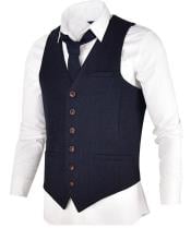  Mens Slim Fit Herringbone Tweed Suit Navy Blue 1920s Vest
