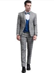  Mens Grey Slim Fitted Tapered Plaid Patterned Suit