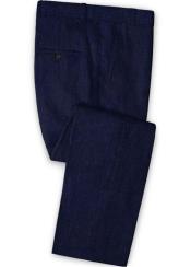  Mens Linen Fabric Pants Flat Front Dark Blue