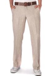  Mens Linen Fabric Pants Flat Front Beige