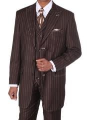  Mens Classic Bold Chalk Gangster Stripe 3 Button Pinstripe Suit Brown