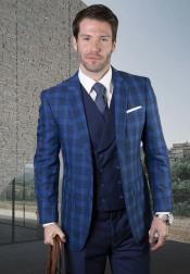  Plaid Suit - Windowpane Suit + Wool Suit + Sapphire