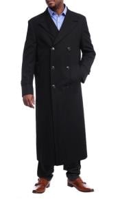  Mens Full Length Overcoat Solid Black Wool Double Breasted Trench Coat