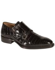  Mens Mezlan Genuine Crocodile Fashionable Exotic Double Monk Strap Shoes Black