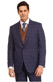 Mens Suit 3 Piece Plaid and Pinstripe Suit Blue ~ Cognac Vest