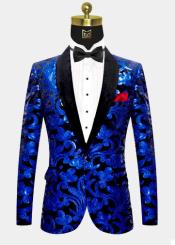  Men One Button Royal Blue and Black Velvet Tuxedo Jacket with Sequins