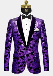  Men One Button Black and Purple Velvet Tuxedo Jacket with Sequins