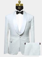  Men One Button Floral All White Tuxedo with Shawl Lapel – 2 Piece