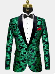  Men One Button Black and Green Velvet Tuxedo Jacket with Sequins