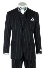  Mens Urban Black Stripe Suit - Double Breasted Vest Pleated Pants