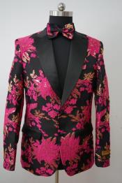  Mens Paisley Tuxedo - Paisley Blazer - Prom Sport Jacket With Matching Bowtie - Pink and Black Blaze