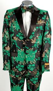  Mens Hunter Green ~ Black 2 Button Floral Paisley Tuxedo