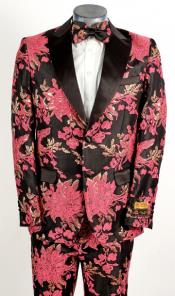  Mens Hot Pink Fuschia ~ Black 2 Button Floral Paisley Tuxedo