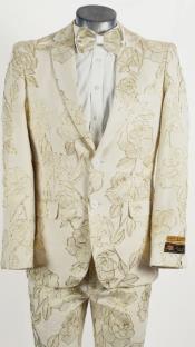  Mens Ivory ~ Gold 2 Button Foil Floral Paisley Prom and Wedding Tuxedo