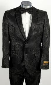  Mens Shiny Black on Black 2 Button Floral Paisley Prom and Wedding Tuxedo