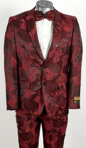  Mens Burgundy 2 Button Floral Paisley Prom and Wedding Tuxedo