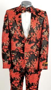  Mens Black ~ Red and Gold 2 Button Foil Floral Paisley Prom