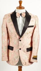  Mens Light Baby Pink and Gold 2 Button Floral Paisley Tuxedo Blazer