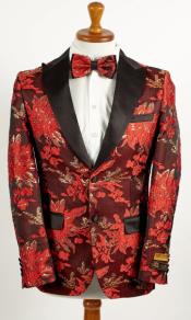  Mens Red ~ Gold 2 Button Floral Paisley Tuxedo Blazer