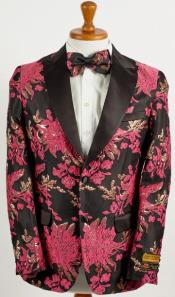  Mens Hot Pink Fuchsia ~ Black 2 Button Floral Paisley Tuxedo Blazer