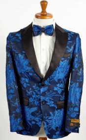  Mens Royal Blue 2 Button Floral Paisley Tuxedo Blazer