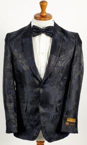  Mens Shiny Black and Navy 2 Button Floral Paisley Prom and Wedding Blazer
