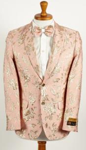  Mens Light Pink and Gold 2 Button Foil Floral Paisley Prom and Wedding Blazer
