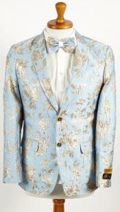  Mens Sky Blue and Silver 2 Button Foil Paisley Prom and Wedding