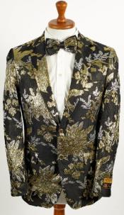  Mens Black ~ Silver and Gold 2 Button Foil Floral Paisley Prom and Wedding Blazer