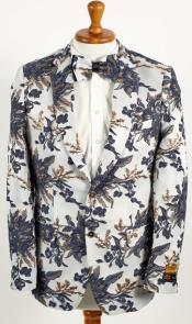  Mens White ~ Navy and Gold 2 Button Foil Floral Paisley Prom