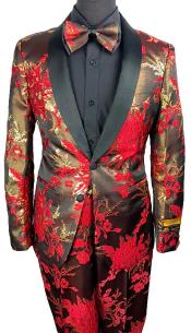 Mens Floral Prom Tuxedo in Red and Gold Package w/ Matching Pants
