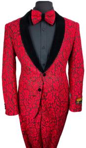  Mens Lace Prom Tuxedo Package in Red & Black w/ Matching Pants and Bowtie
