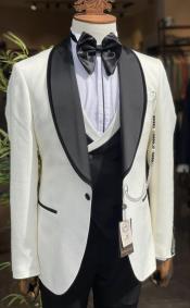  Mens Ivory With Black Lapel Tuxedo With Vest and Pants